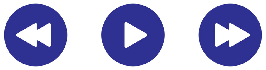 Play rewind and fast forward buttons set collection in clue color. Media player button icons set. Multimedia playback button set. Rewind play and fast forward icons. Vector illustration 