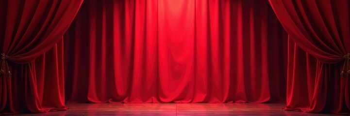 Deep red curtains framing a brightly lit stage, stagecraft, bright, rich