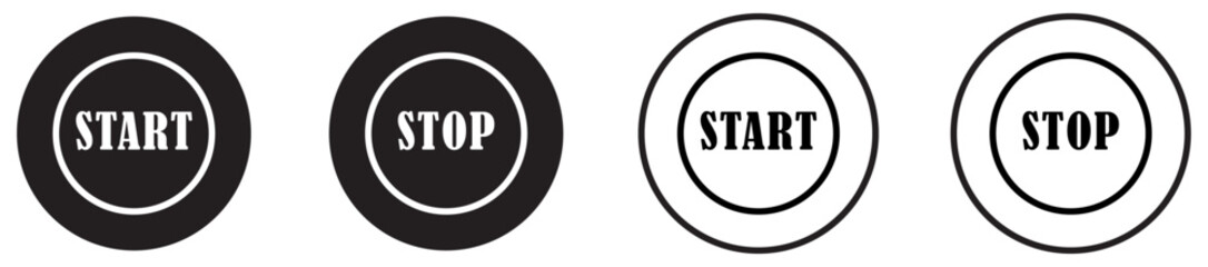 Start and stop button set collection. Automation start stop interface. Digital start stop button set. Go and stop button. Process activation stop s Circular action control buttons. Vector illustration