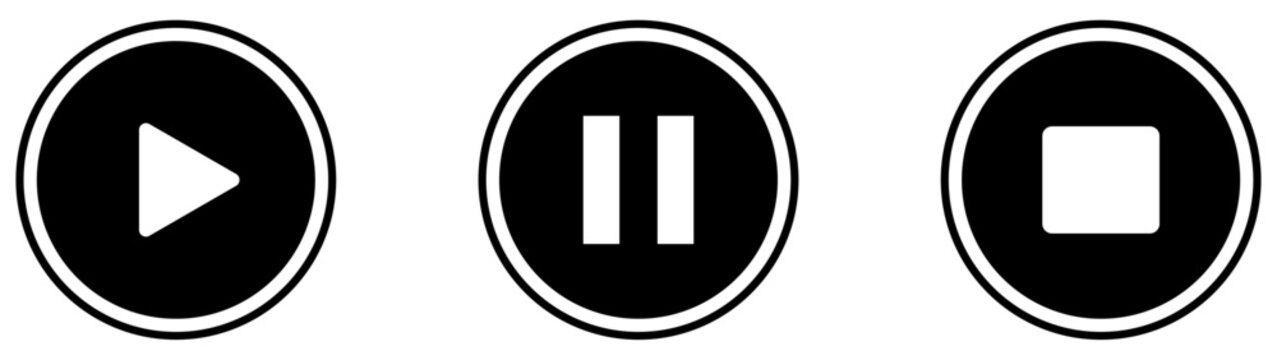 Play pause stop button icons. Play pause and stop button icons set black and white media control symbols isolated on white background. Simple media player control button icons. Vector illustration 