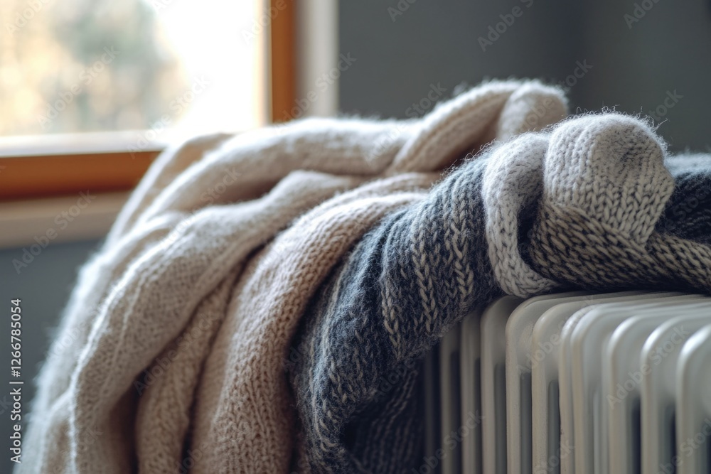 Poster cozy throw blankets piled high on top of a radiator, perfect for adding warmth and texture to any ro