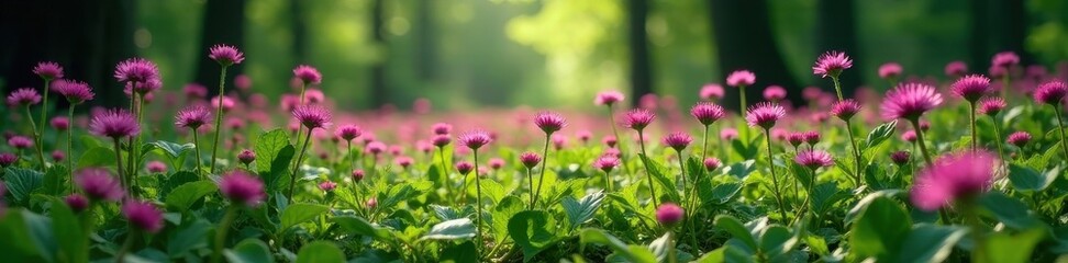Fototapeta premium Dense Black Knapweed colony thriving in shaded woodland setting , wildflower meadow, summer bloom