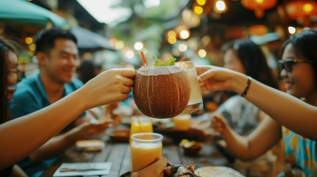 friends toasting with tropical drinks at outdoor restaurant