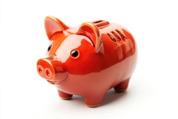 Obraz premium A small piggy bank with a bright red color sits on a plain white surface, ready for savings