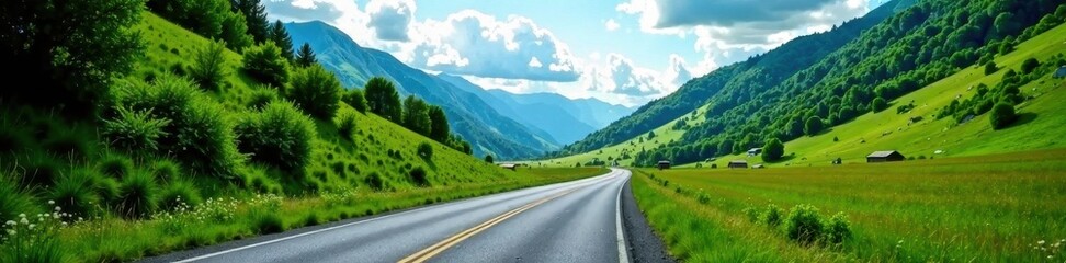 Naklejka premium Endless asphalt ribbon weaving through lush valley, clear sky above , scenic, green hills