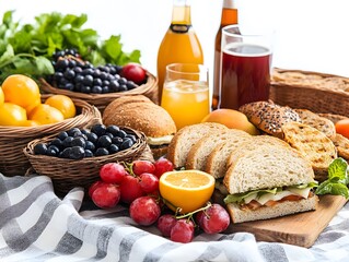 A beautifully arranged table featuring a basket of fresh fruit, bread, and a bottle of refreshing juice