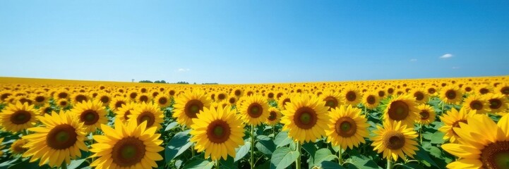 Obraz premium Endless rows of sunflowers, azure sky overhead , photo, farmland