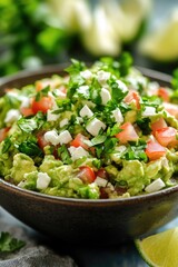 Fresh guacamole served with ripe tomatoes and crumbled feta cheese, perfect for snacking or as an appetizer