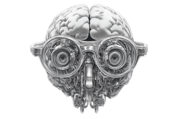 Isolated Mechanical Brain Illustration with Steampunk Glasses