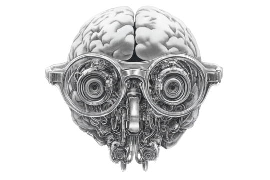 Isolated Mechanical Brain Illustration with Steampunk Glasses
