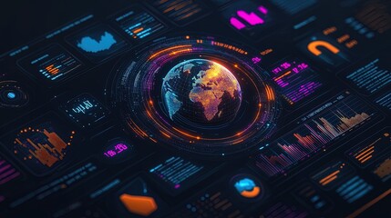 Obraz premium A conceptual infographic of glowing trade data charts surrounding a globe, sleek and professional