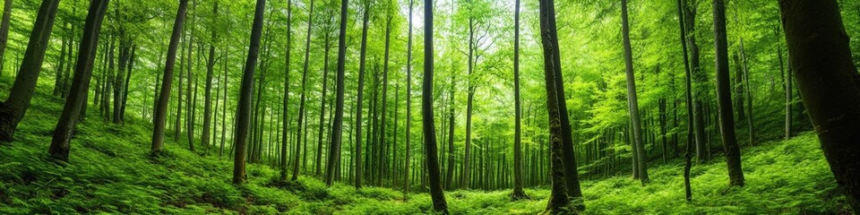 Obraz premium A dense forest with many green trees, suitable for nature and outdoors-themed projects