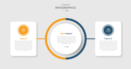2 points template comparison concept for infographic with big circle center with round box container on side with drop shadow style with two point list information
