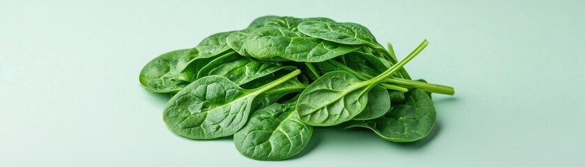 Fototapeta premium Fresh Green Spinach Leaves on Light Background, Perfect for Healthy Cooking and Culinary Presentation