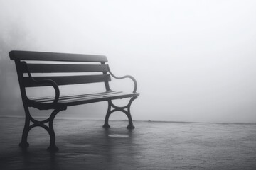 A classic wooden bench shrouded in fog, perfect for a moody atmosphere