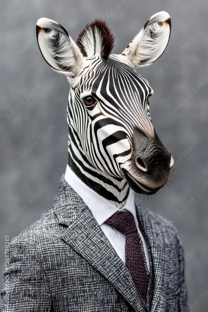 Poster A zebra dressed in a suit and tie, ready for a formal event or office setting