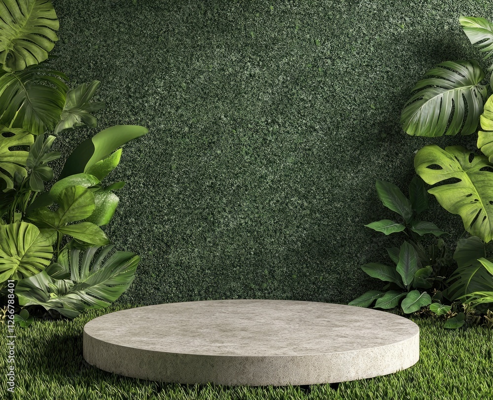 Poster 3d rendering of an empty podium on a green background with tropical plant decorations, a mock-up sce