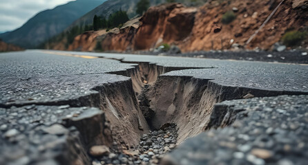 Close-up on a road cracked by a huge earthquake