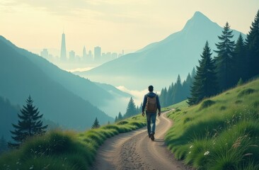 Obraz premium Young caucasian male hiking in mountain landscape with city skyline in background
