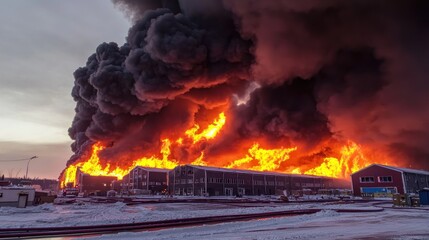 Industrial fire engulfs warehouse complex in snowy landscape