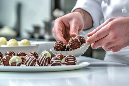A chef carefully places chocolate-covered strawberries on a plate for presentation