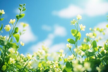 A beautiful scene of a field filled with white flowers under a clear blue sky