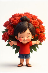 A young child stands with arms wide open, surrounded by a vibrant bouquet of red roses. The joyful expression and colorful background enhance the scene of love and warmth.