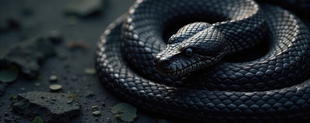 Fototapeta premium Intricate black python skin; textured background , pattern, wild, stock