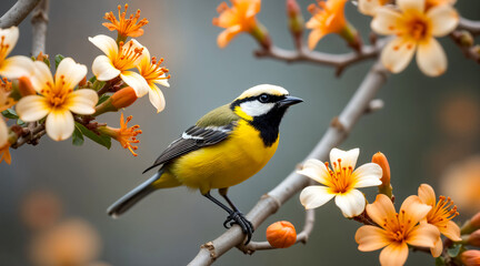 Naklejka premium A yellow bird with a striking black mask sits calmly on a branch filled with soft pink and orange blossoms. The scene showcases the beauty of springtime in a tranquil garden.