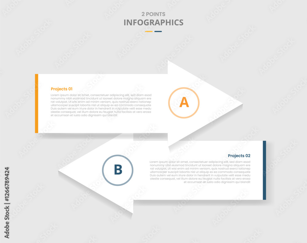 Poster 2 points template comparison concept for infographic with big arrow container opposite direction wit
