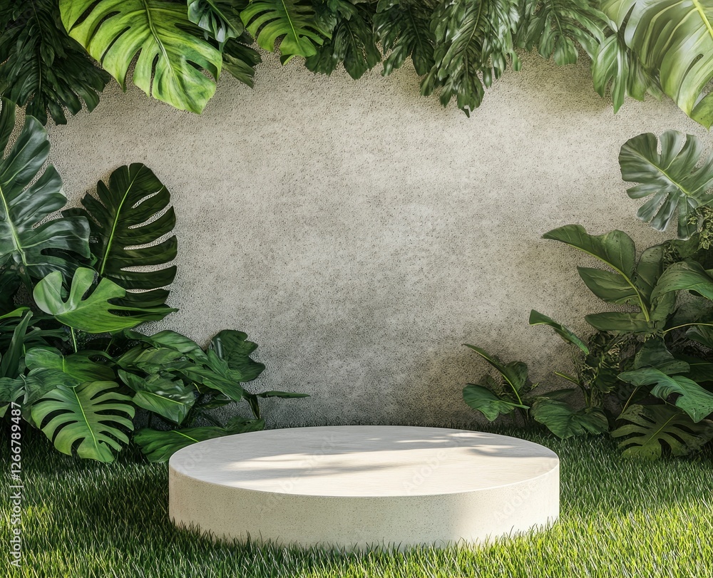 Poster 3d rendering of an empty podium on a green background with tropical plant decorations, a mock-up sce