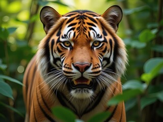 Fototapeta premium Stylized Bengal Tiger with Sharp Amber Eyes in Green Jungle