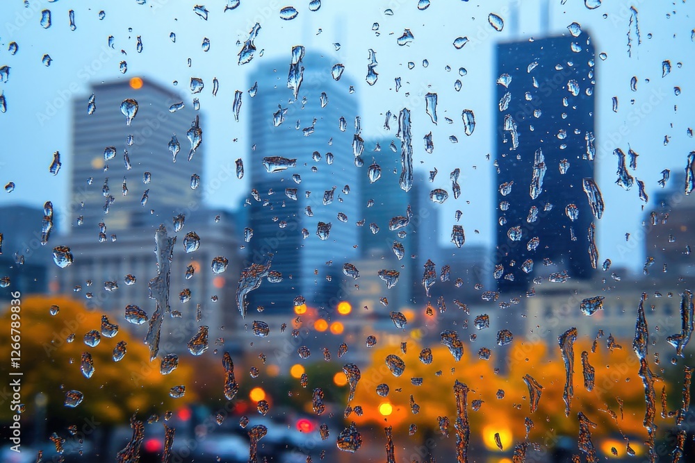 Poster a blurred view of a city from the inside looking out, with rain streaking down the windowpane