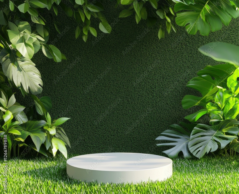 Poster 3d rendering of an empty podium on a green background with tropical plant decorations, a mock-up sce