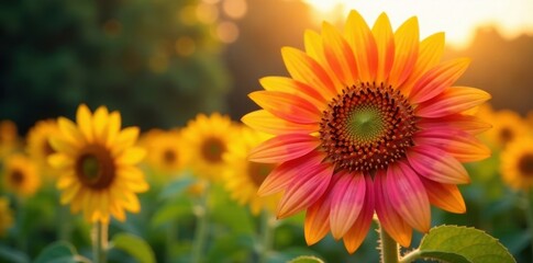 Obraz premium Large sunflower head, pink companion flowers, golden light, bloom, macro