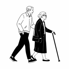 An old couple is walking with a cane Image