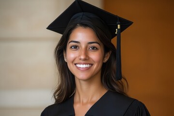 Graduation, a special day. woman in a black graduation cap and dress is smiling. She has a gold tassel on her cap. graduation from university or college, freedom, career, adult life.