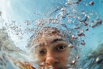 A person swimming beneath the water's surface, a close-up shot