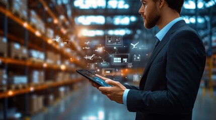 Businessman Manager Using Digital Tablet for Logistics Control in Modern Warehouse Setting