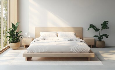 Minimalist Scandinavian Bedroom with Wooden Bed and White Linens in Natural Light