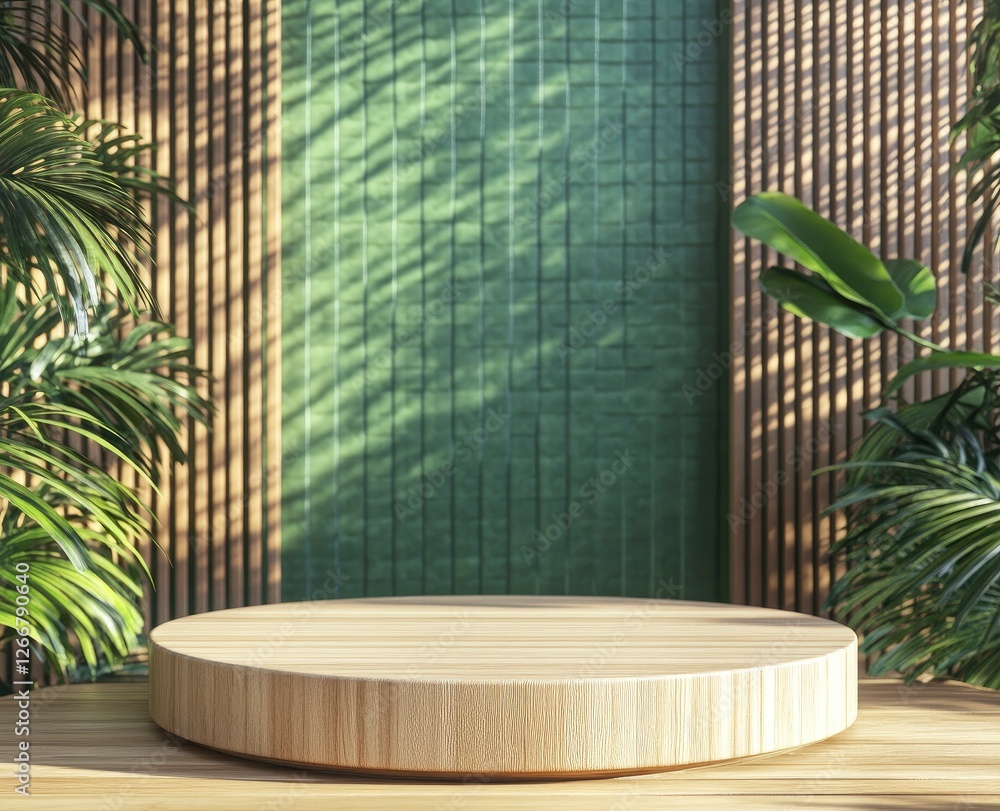 Poster 3d rendering of an empty podium on a green background with tropical plant decorations, a mock-up sce