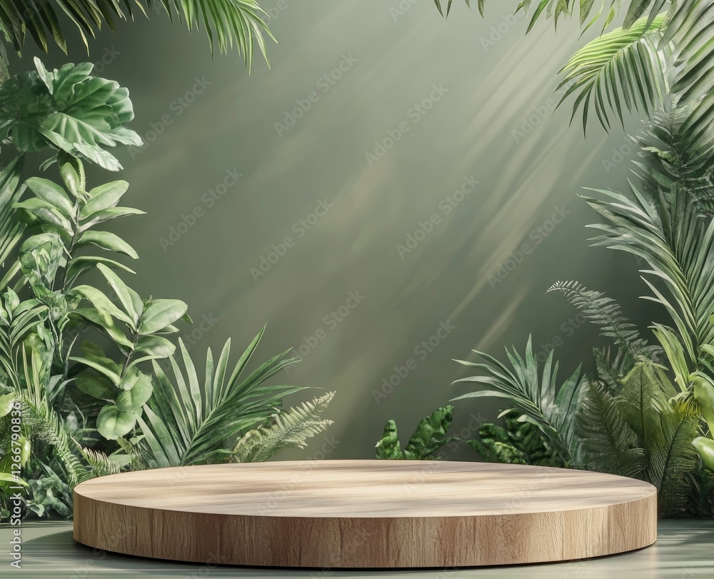 Poster 3d rendering of an empty podium on a green background with tropical plant decorations, a mock-up sce