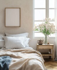 Serene Minimalistic Bedroom Poster Mockup with Empty Frame in Bright Interior