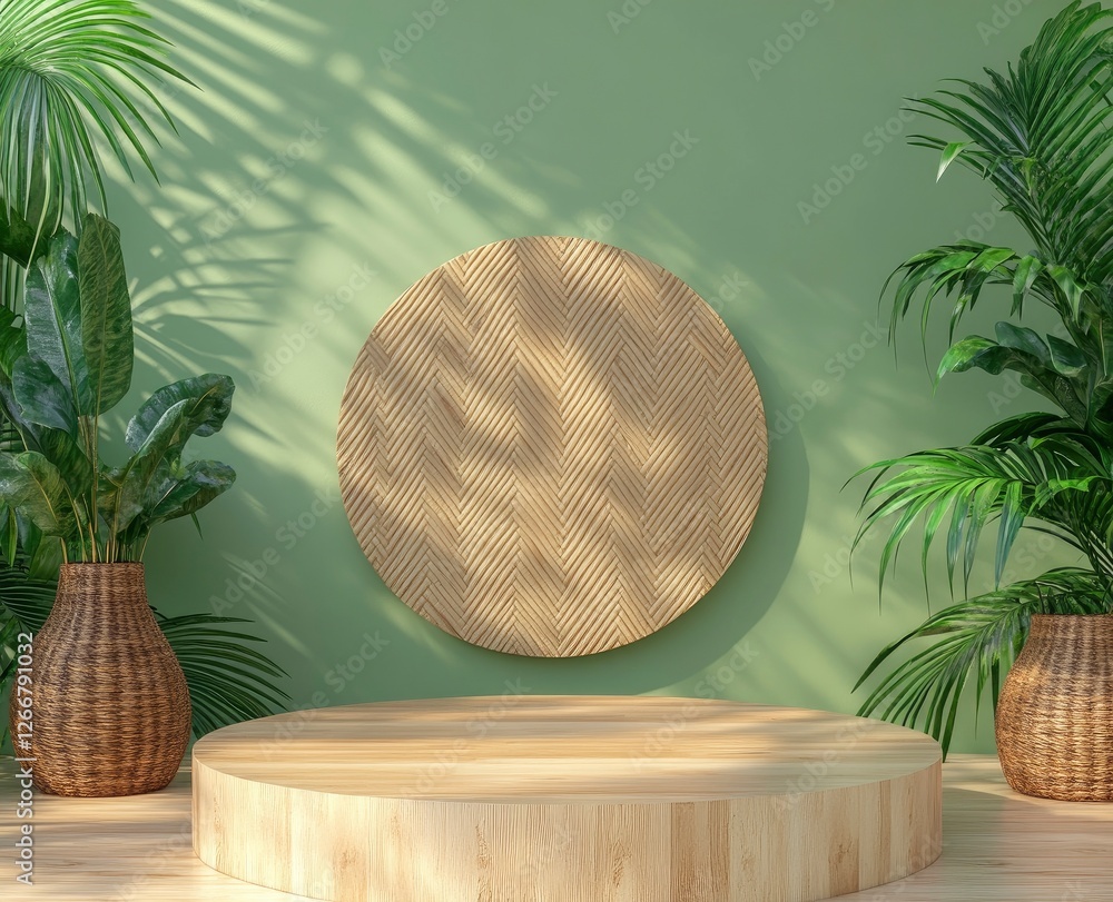 Poster 3d rendering of an empty podium on a green background with tropical plant decorations, a mock-up sce