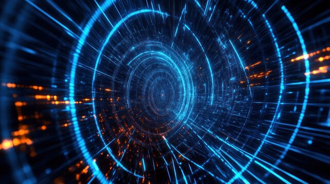 Vibrant Abstract Composition with Blue Light Trails in Futuristic Cyberspace - Powered by Adobe