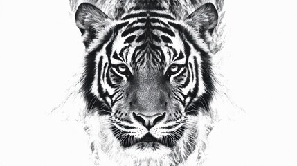 Tiger stares intently at camera; a majestic creature against a white void. For nature stock