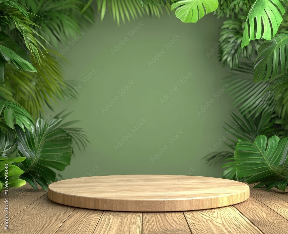 Poster 3d rendering of an empty podium on a green background with tropical plant decorations, a mock-up sce