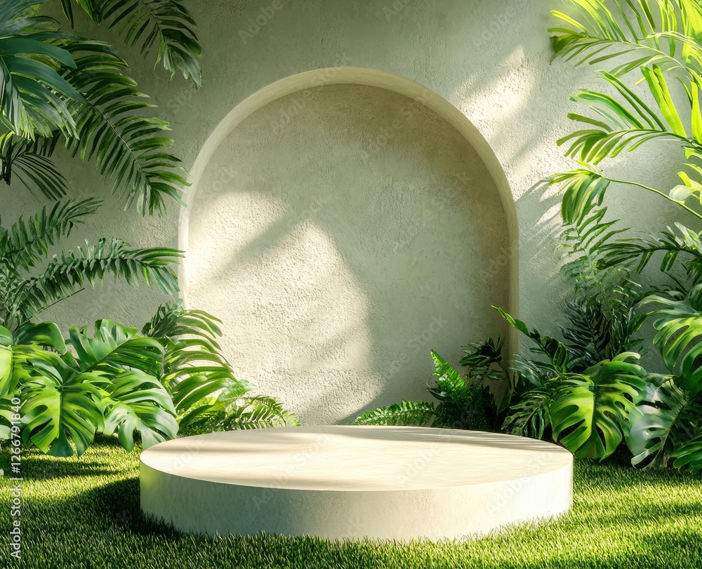 Poster 3d rendering of an empty podium on a green background with tropical plant decorations, a mock-up sce