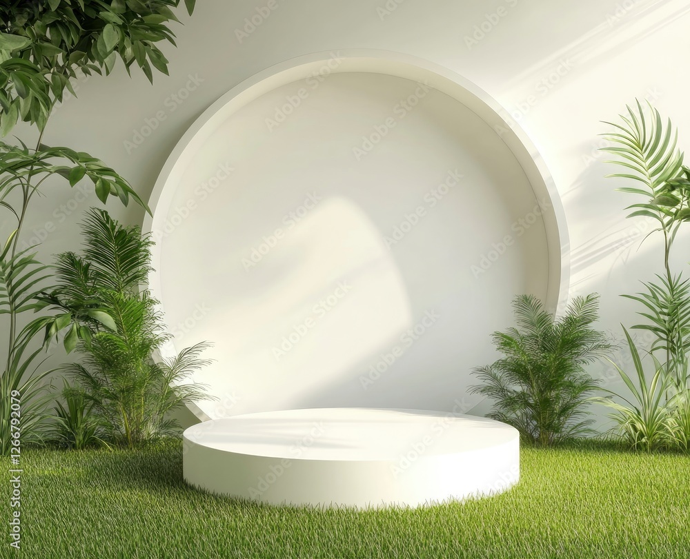 Poster 3d rendering of an empty podium on a green background with tropical plant decorations, a mock-up sce