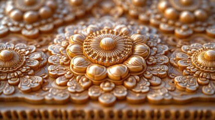 Fototapeta premium Ornate wood carvings, detailed floral patterns, golden texture.